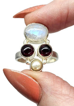 Load image into Gallery viewer, Rainbow Moonstone, Garnet &amp; Pearl Ring, Size 7.5, Sterling Silver, Natural Gemstones, Four Stone Ring