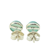 Load image into Gallery viewer, Blue Chalcedony Studs, Round Cabochon stud Earrings, Sterling Silver, Ethereal soft Blue Translucence, Creative Stone - GemzAustralia 
