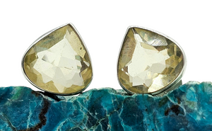 Lemon Quartz Studs, 6.4 carats, Pear Shaped, Sterling Silver, Bezel Set, Joy Gemstone, Confidence Stone, High Vibrational Stone - GemzAustralia 