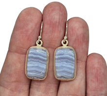 Load image into Gallery viewer, Blue Lace Agate Earrings, Rectangle Shape, Sterling Silver, Communication Stone, Confidence Stone, Gemini &amp; Pisces Zodiac Gem - GemzAustralia 