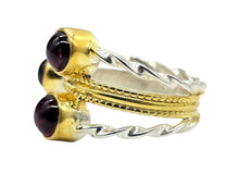 Load image into Gallery viewer, Garnet Three Stone Ring, Size 9 1/4, Sterling Silver &amp; Gold Plated, 2 tone, January Birthstone, Energy Stone