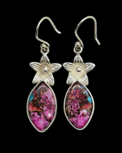 Load image into Gallery viewer, Pink Opal &amp; Oyster Turquoise Flower Earrings, Sterling Silver, Marquise Shaped, Love Stone, Copper Turquoise