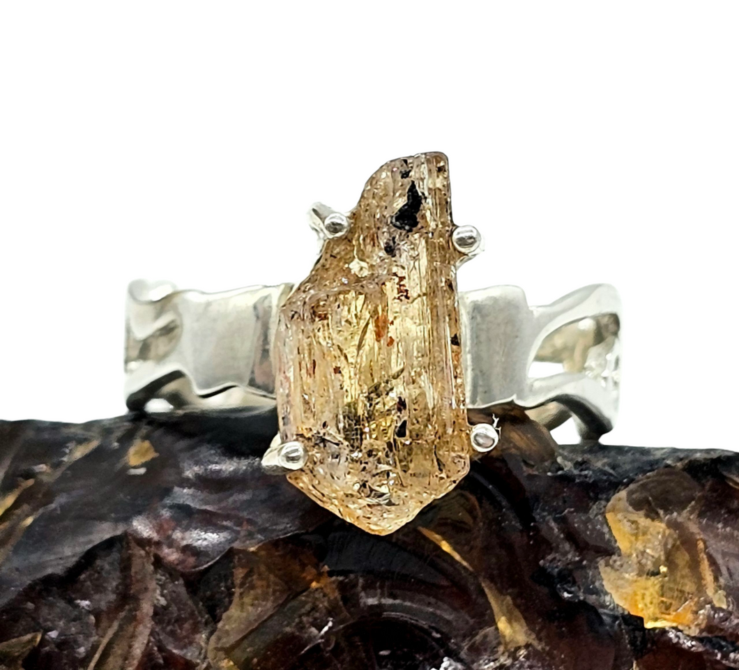 Imperial Topaz Ring, Size 7 3/4, Sterling Silver, Raw Gem, Filigree Band, Manifestation Stone, Solar Plexus Chakra, Rare Variety of Topaz