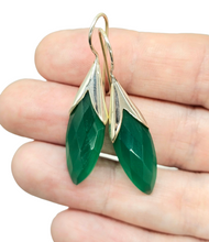 Load image into Gallery viewer, Green Onyx Earrings, Sterling Silver, Leaf Shape, Checkerboard Faceted, Meditation Stone - GemzAustralia 