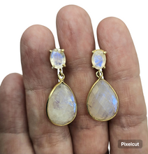 Load image into Gallery viewer, Rainbow Moonstone Dangly Earrings, Gold Plated Sterling Silver, June Birthstone, Protection Stone, Love Rock