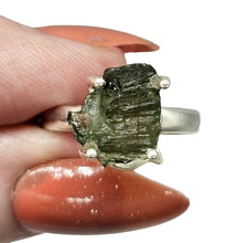 Load image into Gallery viewer, Raw Moldavite Ring, Size 7, Sterling Silver, Meteorite Stone, Forest green / Olive green Gem, Holy Grail Stone