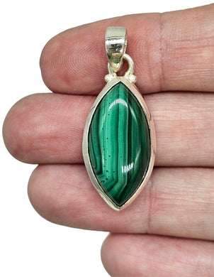 Malachite Pendant, Marquise Shape, Sterling Silver, Rich Green Gemstone, Bezel Setting, Visionary Gem, Warns of Danger