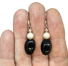 Load image into Gallery viewer, Black Onyx &amp; Pearl Earrings, Sterling Silver, Strength Stone, Provides Support, Grounding Stone, Wisdom Stone - GemzAustralia 