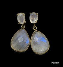 Load image into Gallery viewer, Rainbow Moonstone Dangly Earrings, Gold Plated Sterling Silver, June Birthstone, Protection Stone, Love Rock