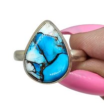 Load image into Gallery viewer, Ice Blue Dahlia Turquoise Ring, Size 10.75, Sterling Silver, Pear Shape, Copper Turquoise, Protection, Love Stone