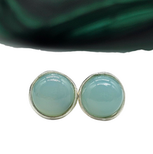 Load image into Gallery viewer, Blue Chalcedony Studs, Round Cabochon stud Earrings, Sterling Silver, Ethereal soft Blue Translucence, Creative Stone - GemzAustralia 