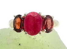 Load image into Gallery viewer, Ruby &amp; Garnet Three Stone Ring, Size 9, Sterling Silver, July and January Birthstones, Energy Stone