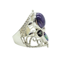 Load image into Gallery viewer, Charoite &amp; Mystic Topaz Ring, Size 7, Sterling Silver, Statement Piece, Four Stone Ring, Wearable Art