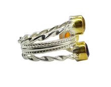 Load image into Gallery viewer, Three Stone Ring, Size 7, A Fusion of Amethyst, Citrine &amp; Carnelian, Two Tone, Gold Plated Sterling Silver - GemzAustralia 