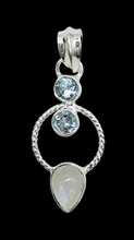 Load image into Gallery viewer, Rainbow Moonstone &amp; Blue Topaz Pendant, Sterling Silver, June and December Birthstones, Ethereal Blue Fire - GemzAustralia 