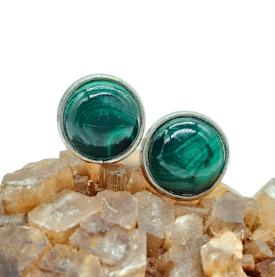 Malachite Studs, Sterling Silver, Round Shaped Earrings, Beautiful Rich Green Gemstone, Visionary Stone, Protection Gem - GemzAustralia 