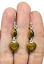 Load image into Gallery viewer, Heart Shaped Tiger's Eye Earrings, Sterling Silver, Genuine Gemstones, Creativity Stone, Kundalini Gem