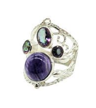 Load image into Gallery viewer, Charoite &amp; Mystic Topaz Ring, Size 7, Sterling Silver, Statement Piece, Four Stone Ring, Wearable Art