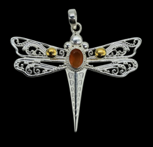 Load image into Gallery viewer, Dragonfly Pendant, Carnelian Gemstone, Sterling Silver, Meaning of Life Symbolism, Transformation, Artist's Stone, Two Tone