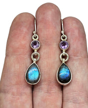 Load image into Gallery viewer, Labradorite &amp; Amethyst Earrings, Sterling Silver, Round/Pear Design, Mystical Magical Gemstone, Companion through Change - GemzAustralia 