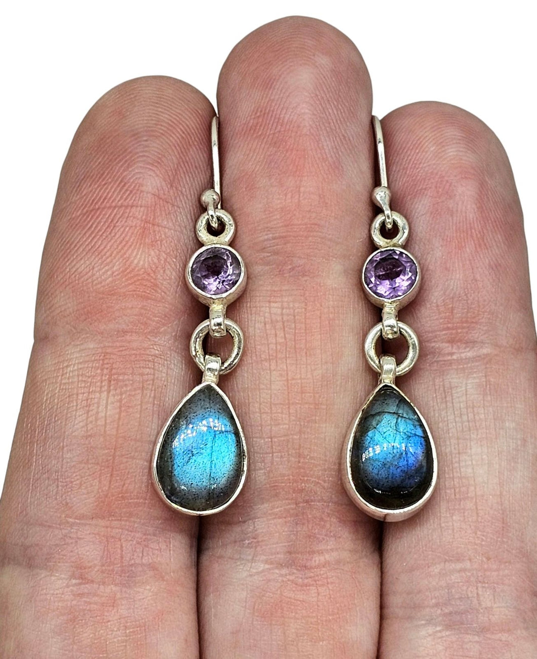 Labradorite & Amethyst Earrings, Sterling Silver, Round/Pear Design, Mystical Magical Gemstone, Companion through Change - GemzAustralia 