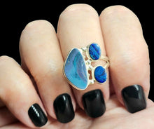 Load image into Gallery viewer, Three Stone, Australian Opal Ring, Size 6.75, Sterling Silver, Aura Gem, Psychic Gem, October Birthstone, Opal Doublets