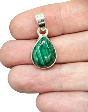 Malachite Pendant, Pear Shaped, Sterling Silver, Rich Green Gemstone, Bezel Setting, Visionary Gemstone, Warns of Danger