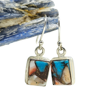 Load image into Gallery viewer, Rectangle Oyster Turquoise Earrings, Sterling Silver, Orange Spiny Oyster Shell, Blue Turquoise, Copper Earrings - GemzAustralia 