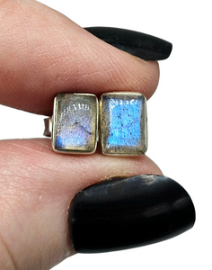 Labradorite Studs, Rectangle Shaped, Sterling Silver, Blue Labradorite, Mystical Magical Stone, Companion through Change - GemzAustralia 