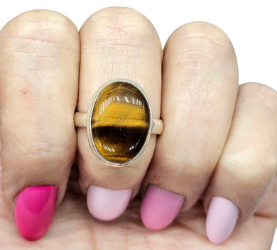 Tiger's Eye Ring, Size 9, Sterling Silver, Oval Shaped, Kundalini Awakening, Courage Gemstone, Protection Amulet, Leo Zodiac
