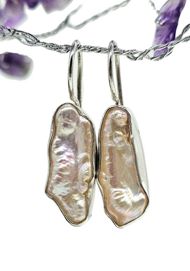 Biwa Pearl Earrings, Sterling Silver, June Birthstone, Highly Lustrous Pearls, Freshwater Pearl, Irregular Pearls