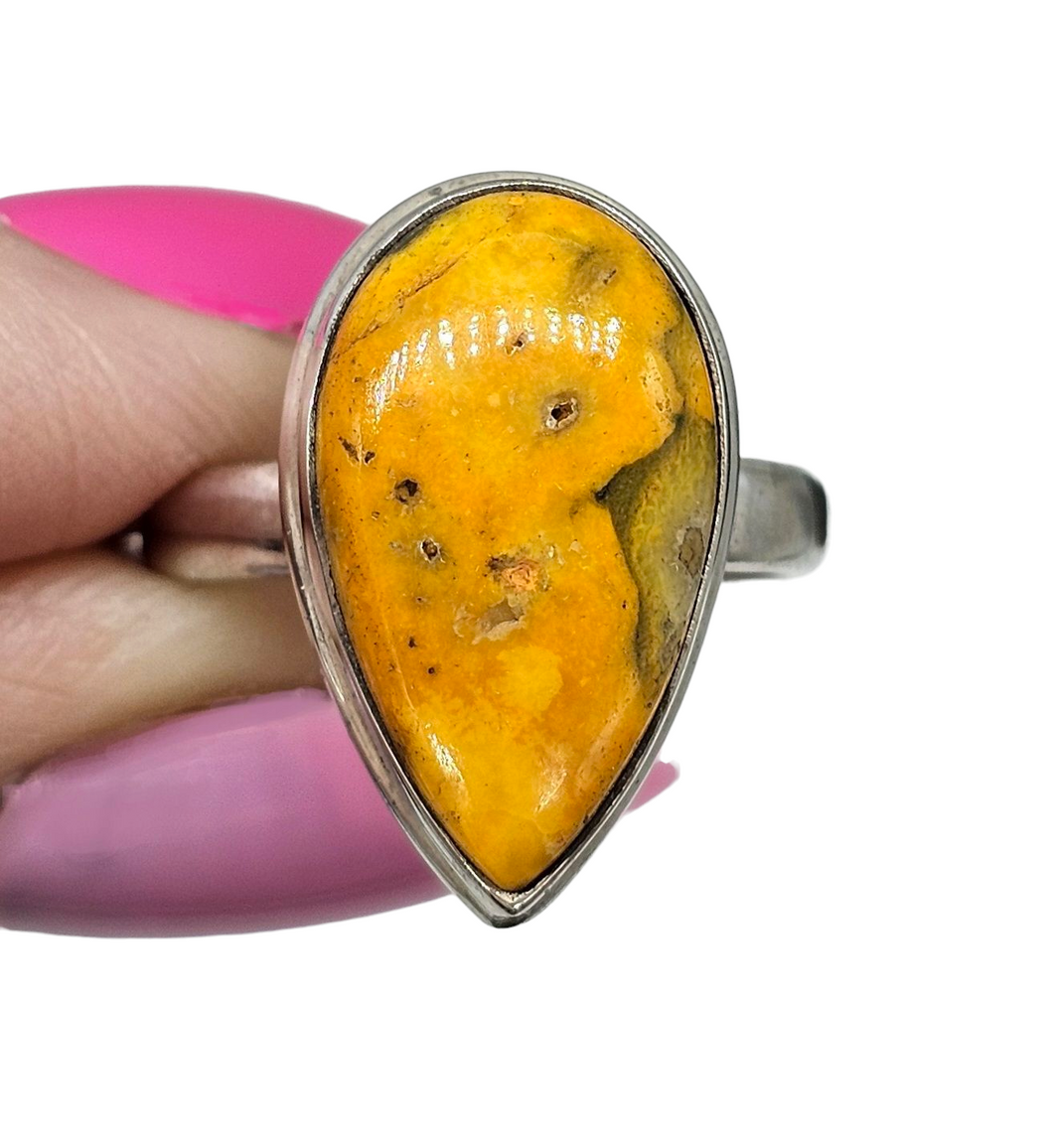 Bumblebee ring, Size P 1/2, Sterling Silver, Pear Shape, Eclipse Jasper, Fumarole Jasper, Bright Yellow, Orange & Black Gemstone - GemzAustralia 