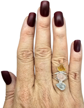 Load image into Gallery viewer, Raw Aquamarine, Rose Quartz &amp; Citrine Ring, Size 7, Sterling Silver, March and November Birthstones, Rough Gemstones, Three Stone Ring