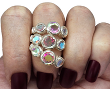 Load image into Gallery viewer, Rainbow Mystic Topaz Ring, Trilogy Ring, Sterling Silver, Round Shaped, Fire Topaz, Rainbow Topaz, Alaskan Ice, 3 Sizes - GemzAustralia 