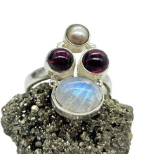 Load image into Gallery viewer, Rainbow Moonstone, Garnet &amp; Pearl Ring, Size 7.5, Sterling Silver, Natural Gemstones, Four Stone Ring