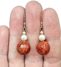 Load image into Gallery viewer, Sponge Coral &amp; Freshwater Pearl Earrings, Sterling Silver, Orange Red Coral, Love and Prosperity