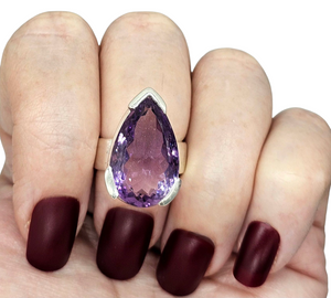 Pear Faceted Amethyst Ring, 16 carats, size 6.5, Sterling Silver, Protection Amulet, February Birthstone - GemzAustralia 