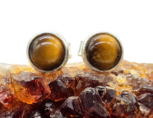 Load image into Gallery viewer, Round Tiger's Eye Studs, Sterling Silver, Kundalini Awakening, Courage Gemstone, Protection - GemzAustralia 