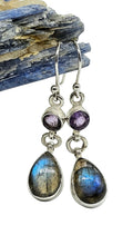 Load image into Gallery viewer, Labradorite &amp; Amethyst Earrings, Sterling Silver, Round/Pear Design, Mystical Magical Gemstone, Companion through Change - GemzAustralia 