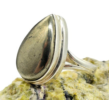 Load image into Gallery viewer, Pyrite in Magnetite Ring, Size 8.5, Sterling Silver, Pear Shaped, Apache Gold Gemstone, Confidence Stone