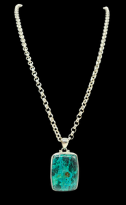 Chrysocolla Pendant, Rectangle Shaped, Sterling Silver, Turquoise Green Blue Gem, Communication Stone, Serenity Stone