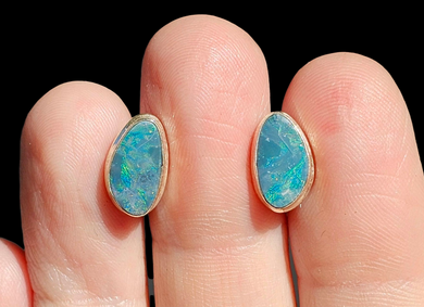 Australian Opal Studs, October Birthstone, Sterling Silver, Blue, Green & Pink Opal, Doublets, Lucky Gemstone - GemzAustralia 