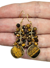 Load image into Gallery viewer, Tiger&#39;s Eye Earrings, Gold Plated Sterling Silver, Checkerboard Faceted, Beaded drops, Genuine Gemstones, Creativity Stone