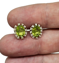 Load image into Gallery viewer, 4 Carat Peridot Stud Earrings, Sterling Silver, Oval faceted Halos, August Birthstone, Protection Gemstone, Visionary Crystal - GemzAustralia 