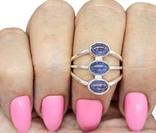 Load image into Gallery viewer, Three Stone Tanzanite Ring, Size 8, Sterling Silver, Psychic Power Stone, Meditation Stone