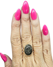 Load image into Gallery viewer, Stingray Coral Ring, Size 8, Oval Shaped, Sterling Silver, Black and White Coral, Fossilized, Honeycomb Pattern