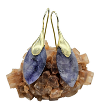 Load image into Gallery viewer, Blue Sapphire Earrings, Gold Plated Sterling Silver, September Birthstone, Marquise Checkerboard Faceted, Wisdom Stone - GemzAustralia 