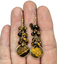 Load image into Gallery viewer, Tiger&#39;s Eye Earrings, Gold Plated Sterling Silver, Checkerboard Faceted, Beaded drops, Genuine Gemstones, Creativity Stone
