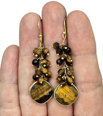 Tiger's Eye Earrings, Gold Plated Sterling Silver, Checkerboard Faceted, Beaded drops, Genuine Gemstones, Creativity Stone