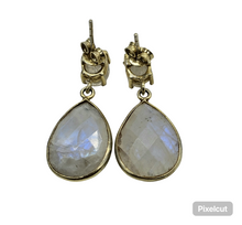 Load image into Gallery viewer, Rainbow Moonstone Dangly Earrings, Gold Plated Sterling Silver, June Birthstone, Protection Stone, Love Rock